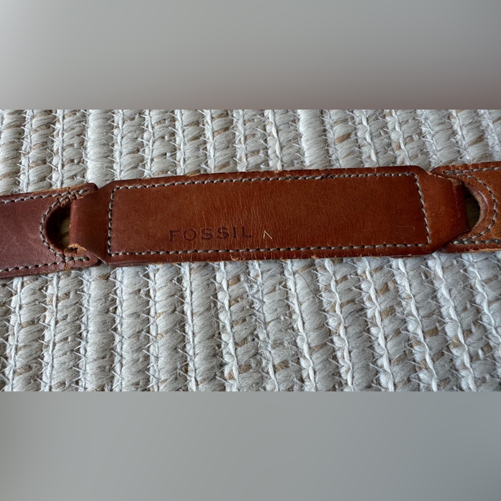 Fossil Leather Belt L Patchwork Chain Brass Buckle Brown Vtg Distressed